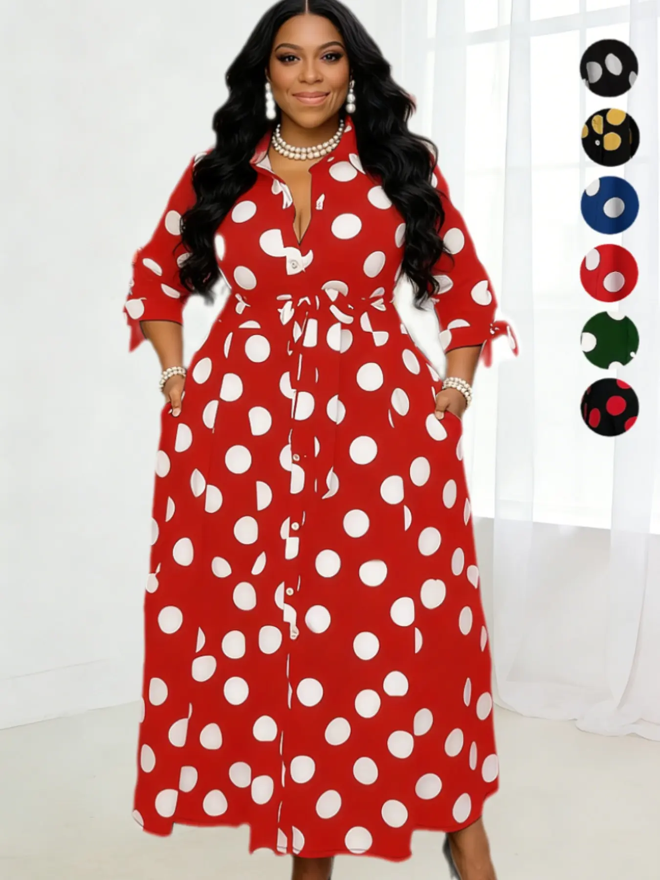 Plus Size Polka Dot Print Belted Button Front Shirt Dress