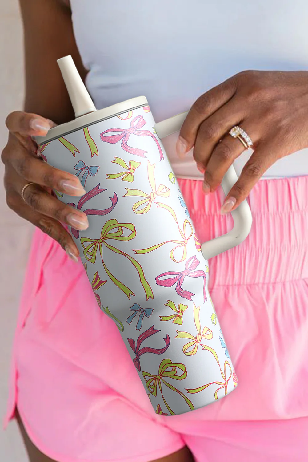 White Bow Knot Print Handle Straw Insulate Tumbler 40oz