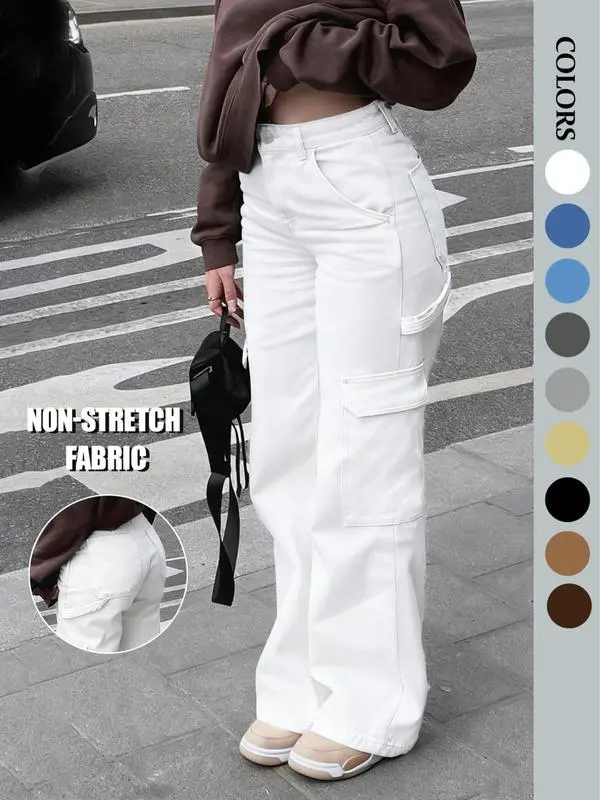 Women’s High-Waist Wide Leg Cargo Jeans with 6 Pockets