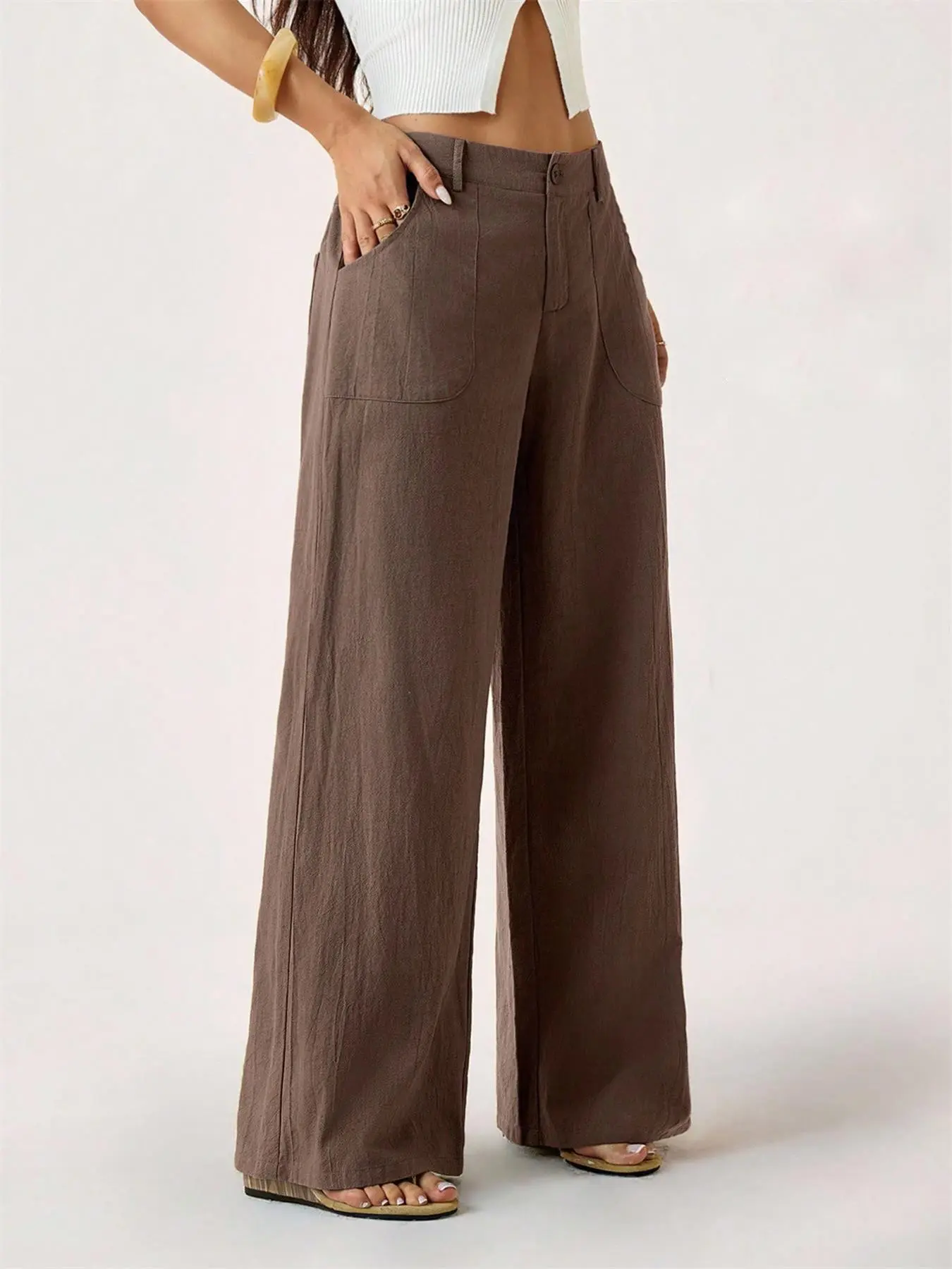 Women's Classical Linen Palazzo Pants Summer Flowy Wide Straight Leg Beach Trousers With Pocket Casual Solid Color Soft Elastic High Waist Lounge Pants Travel Vacation Bottoms Date Brunch Home Work Streetwear Outfit