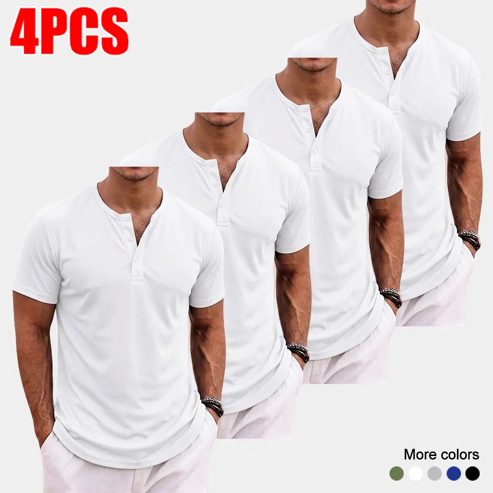 Men's Casual Short Sleeve Henley Shirt Breathable Button Placket Top