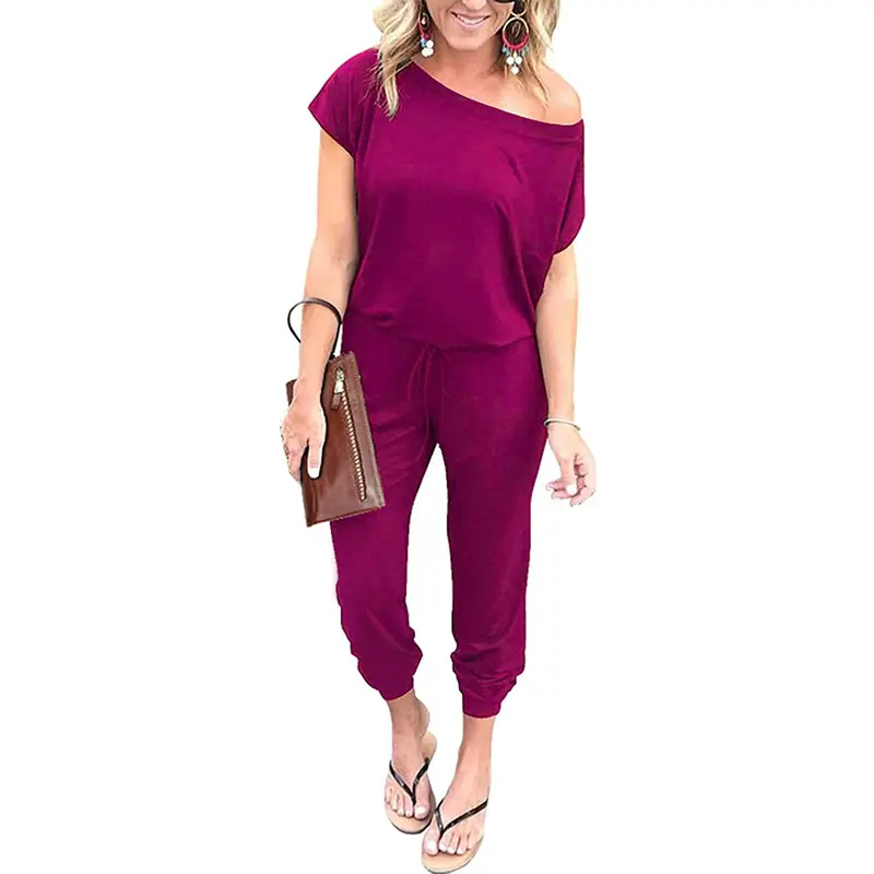 Women's Jumpsuit Plus Size S-5XL Off-Shoulder Elastic Waist Stretchy Loose Minimalist Comfy Clothes Casual Outdoor Lightweight Romper - Fabric - Womenswear Pants Style romper