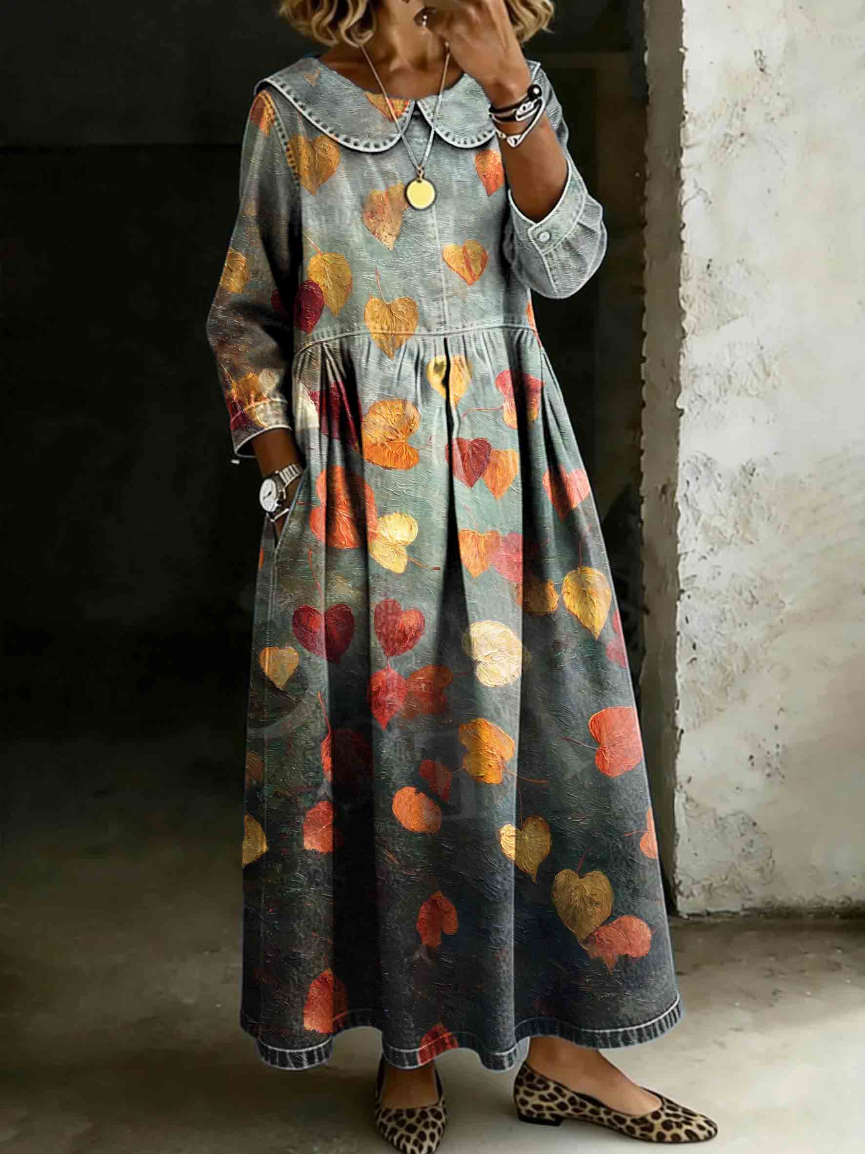 Women's Vintage Maple Leaf Art Print Lapel Collar Pleated Long Sleeve Casual Loose Denim Dress