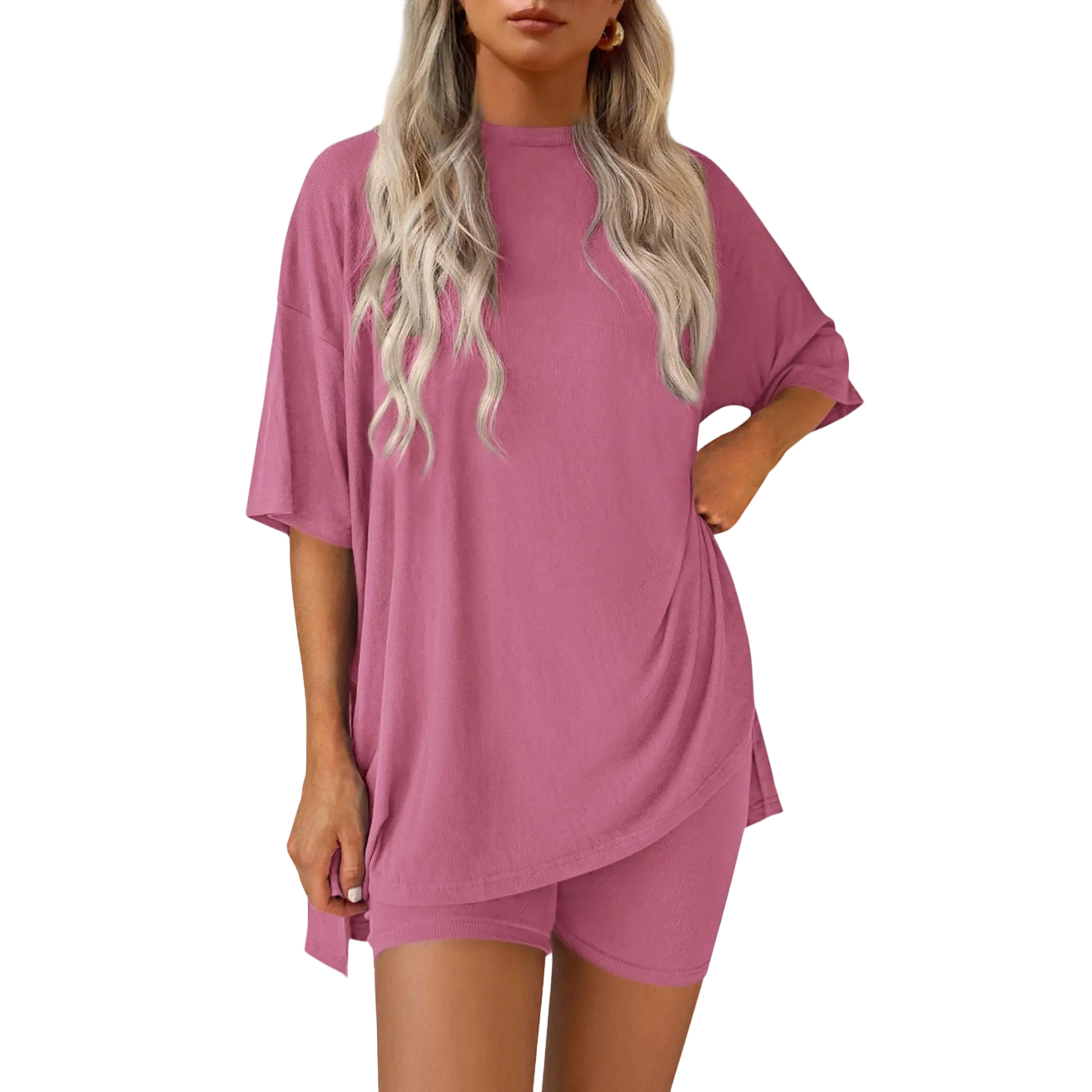 Two-Piece Set For Women Summer Casual Oversized Split Hem Shirts & Side Pocket Biker Shorts Minimalist Lounge Wear Soft Viscose Fabric