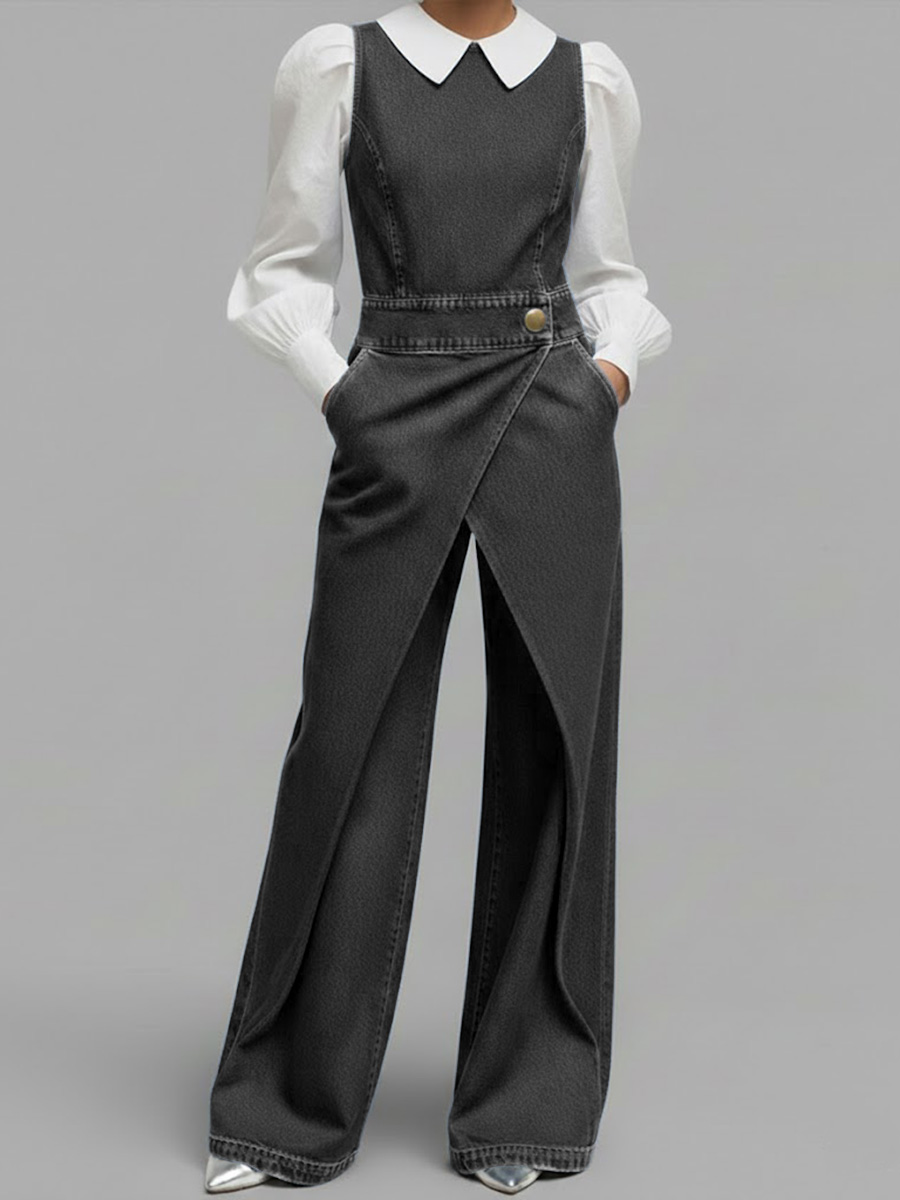 Women's Round Neck Sleeveless Casual Loose Denim Wide-leg Jumpsuit