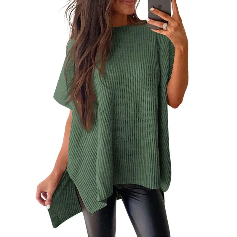 Women’s Oversized Knit Top – Casual Crew Neck Short Sleeve Sweater with Side Slit