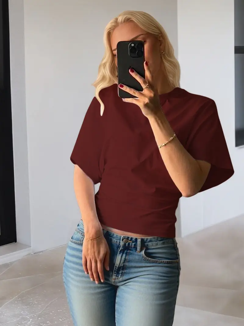 Women's Basic Solid-Color Round Neck Tee, Casual Loose Half-Sleeve T-shirt for Summer, Women's Top for Daily Wear