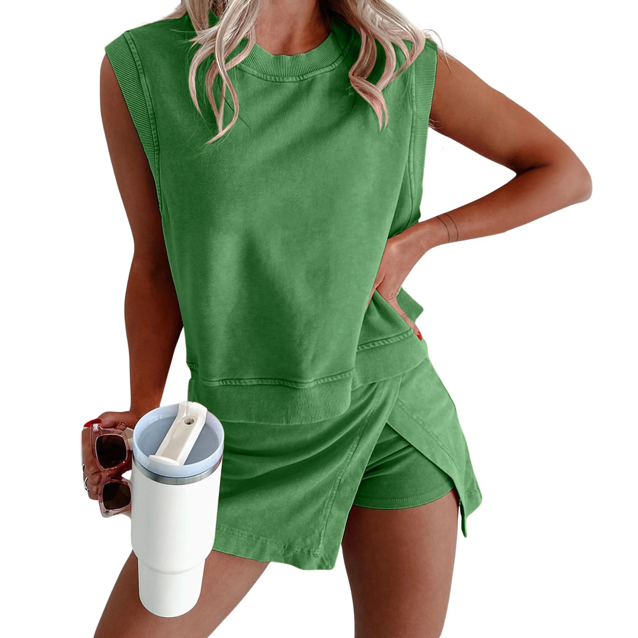 Tanming Womens Travel Outfits Summer Lounge Set Two Pieces Mineral Wash Cotton Tank Top Lined Split Athletic Skirt Set SummerFreshness