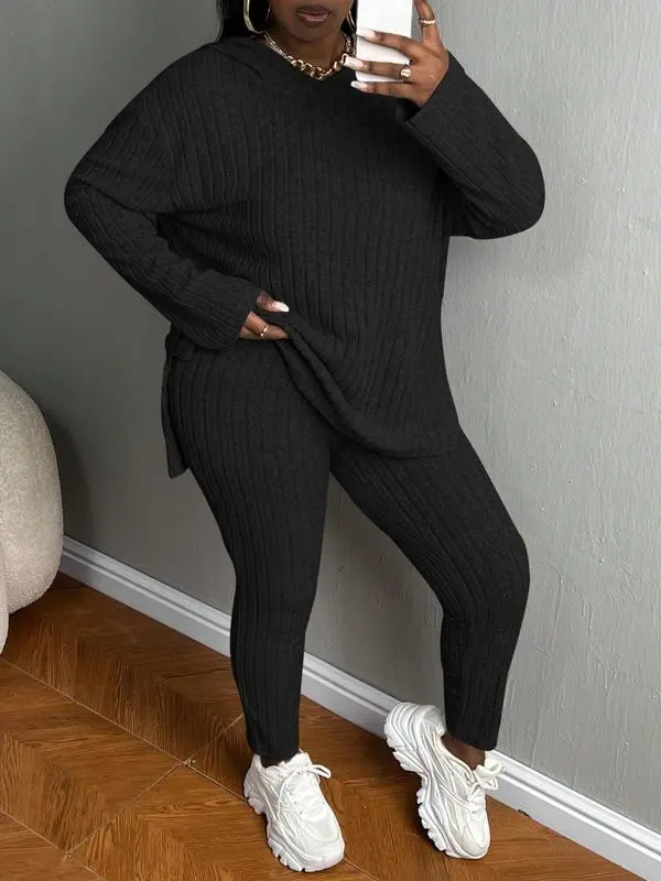 Plus Size Women’s Ribbed Hoodie & Pants Set – Cozy Casual Fall & Winter Outfit
