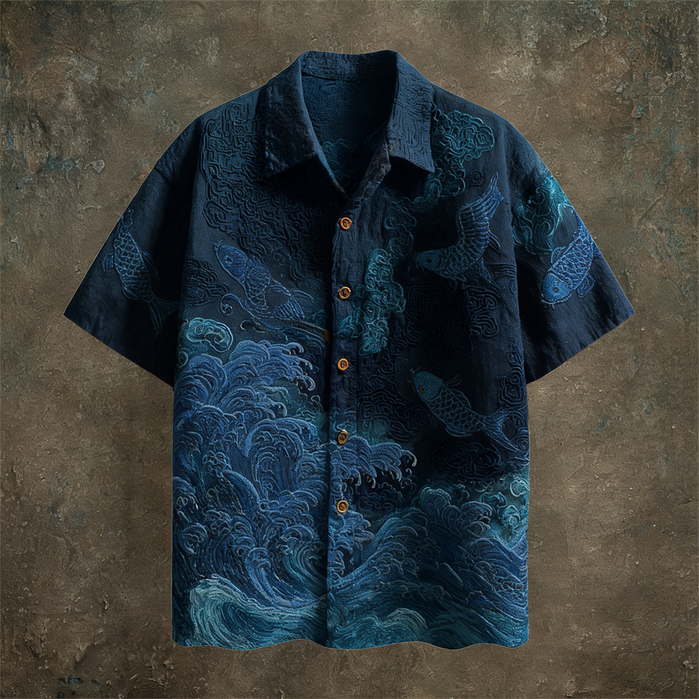 Japanese Sea Animal Pattern Linen Short Sleeve Shirt