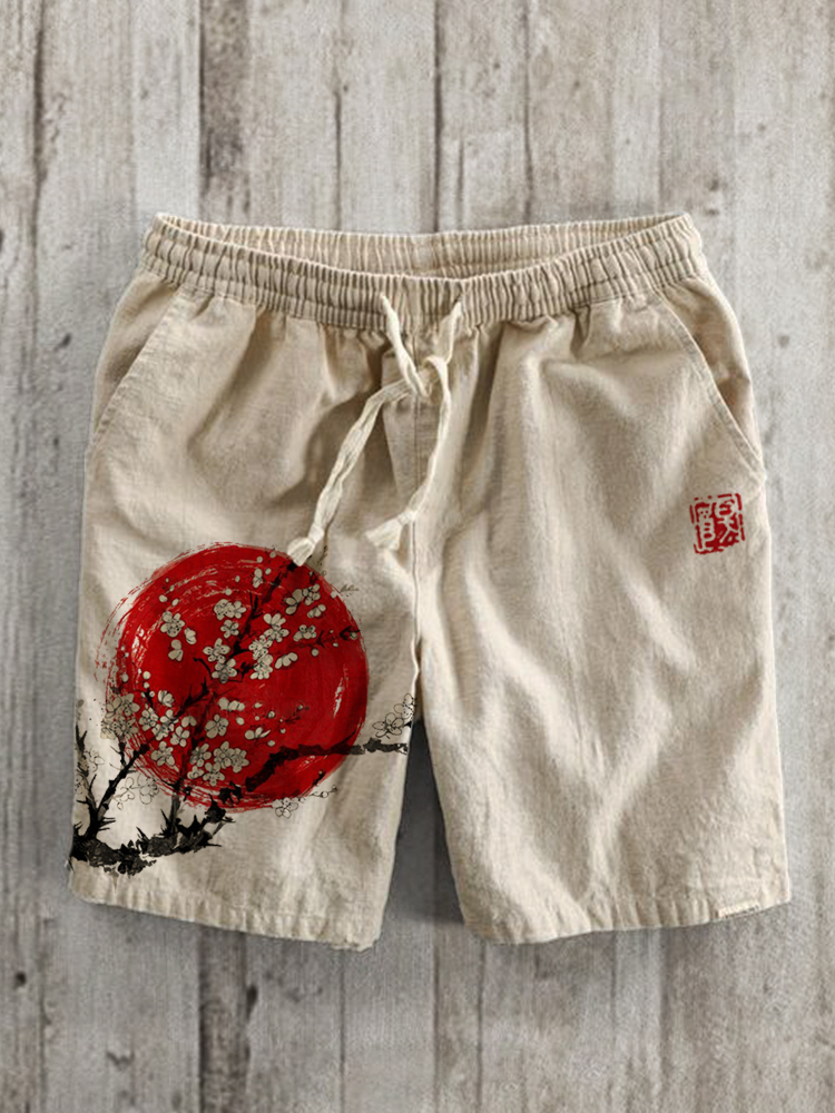 Plum Blossom Sunrise Japanese Art Linen Blend Shorts
