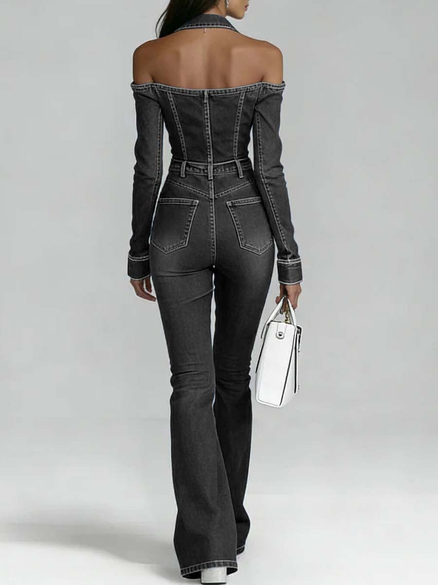 Women's Lapel Long-sleeved Casual Slim-fit Denim Jumpsuit