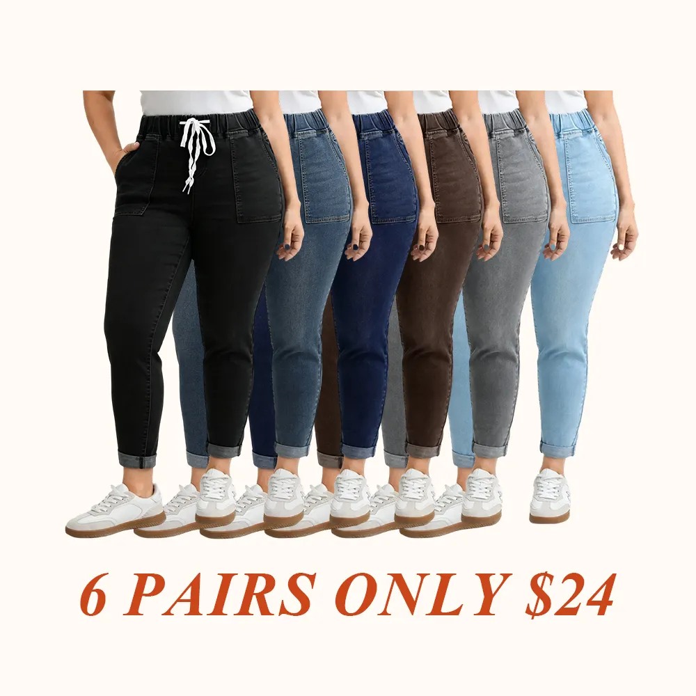 2026 Drawstring Elastic Waist Roll Hem Jeans