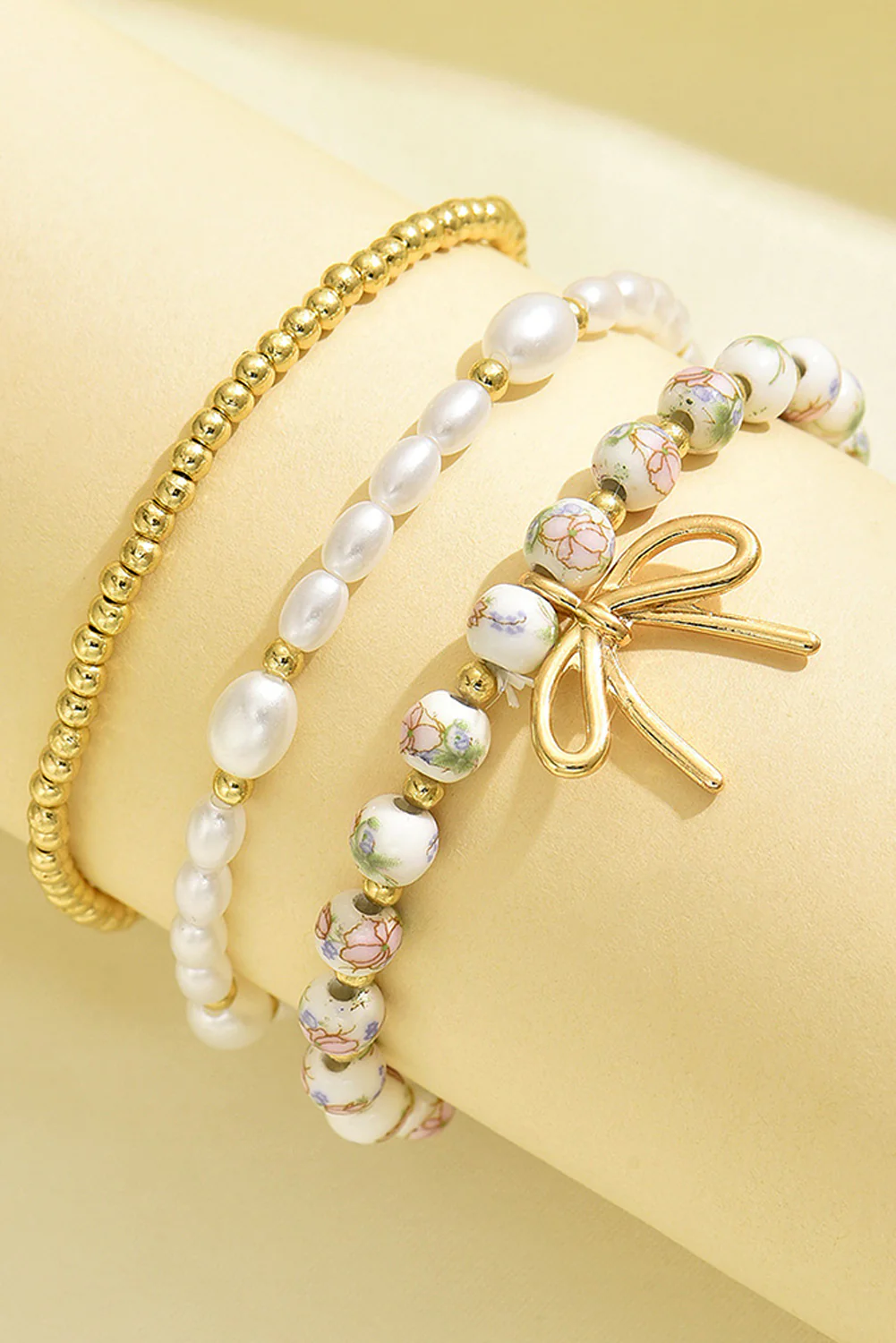 Gold Bow Knot Charm Beaded Triple Layer Bracelet Set