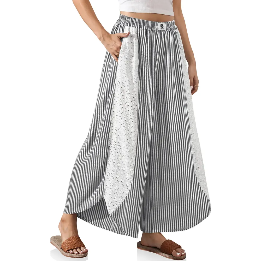Women’s Boho Striped Wide Leg Palazzo Pants with Lace Panel