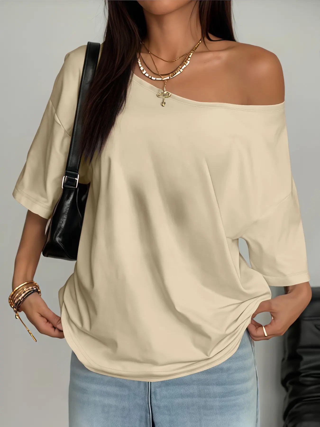 Women's Asymmetrical Shoulder Top, Trendy Fashion Short Sleeve Blouse