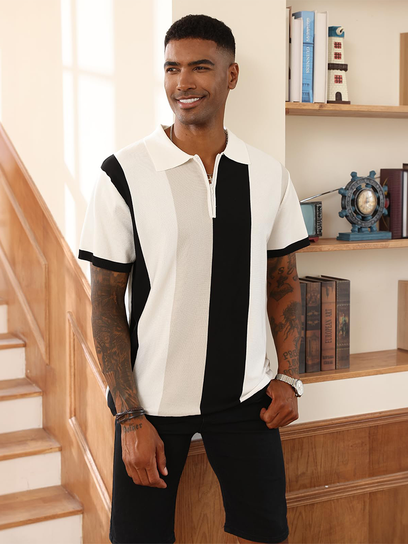 Men's Fashion Polo Shirts Vintage Striped Knitting Shirts Casual Slim Fit Golf Shirts