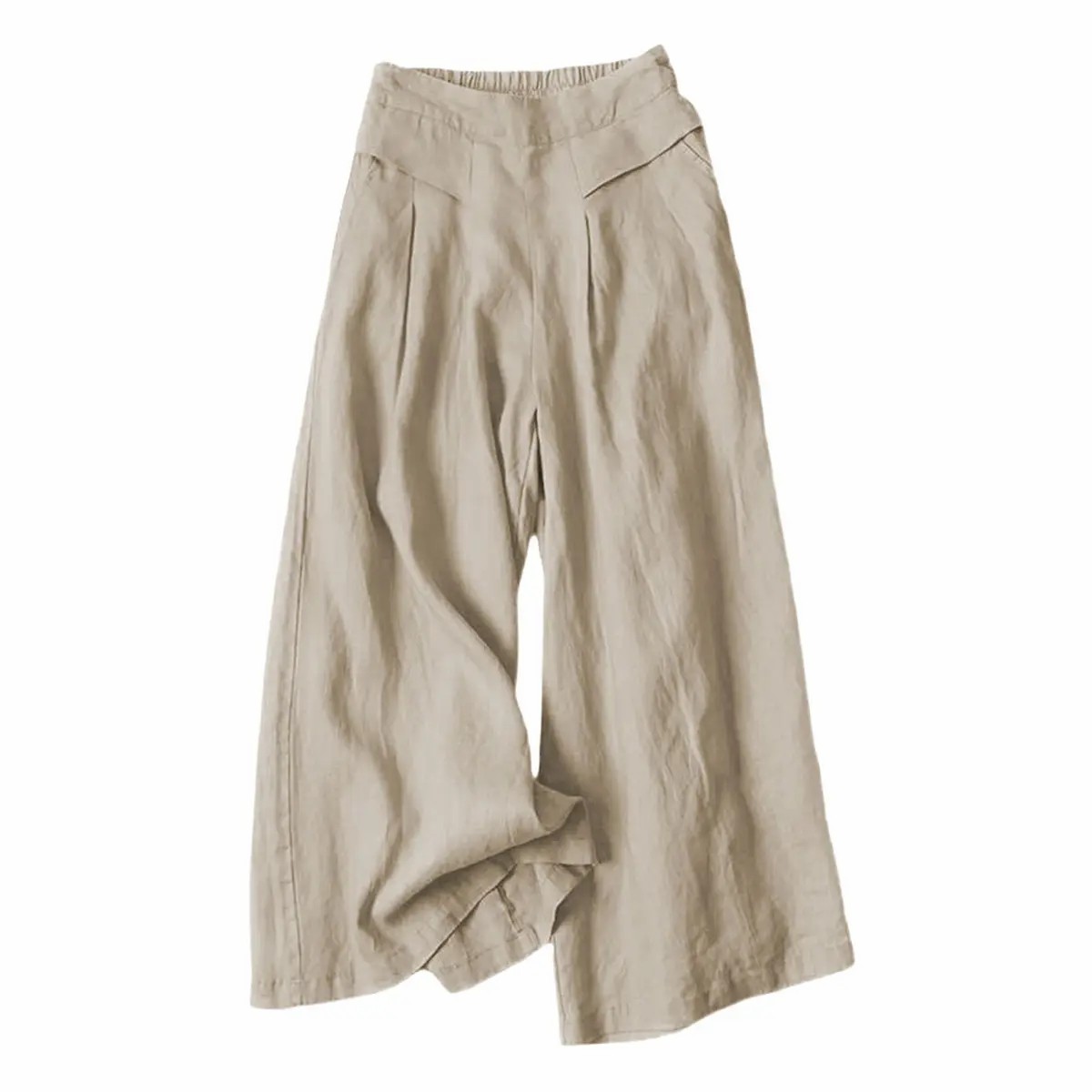 【Stock Up Deals】Women's Cotton Linen Culottes Pants Elastic Waist Wide Leg Palazzo Trousers Capri Pants with Pockets