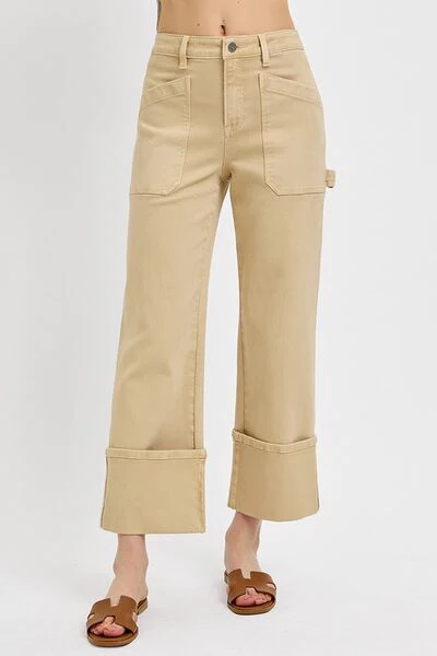 Full Size High Rise Wide Straight Cuffed Patch Jeans