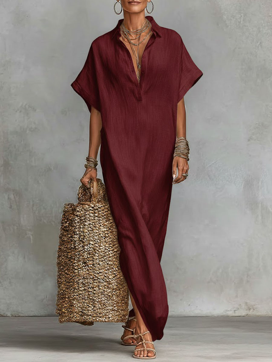 Women's Solid Color Collared Short-sleeved Casual Loose Linen Dress