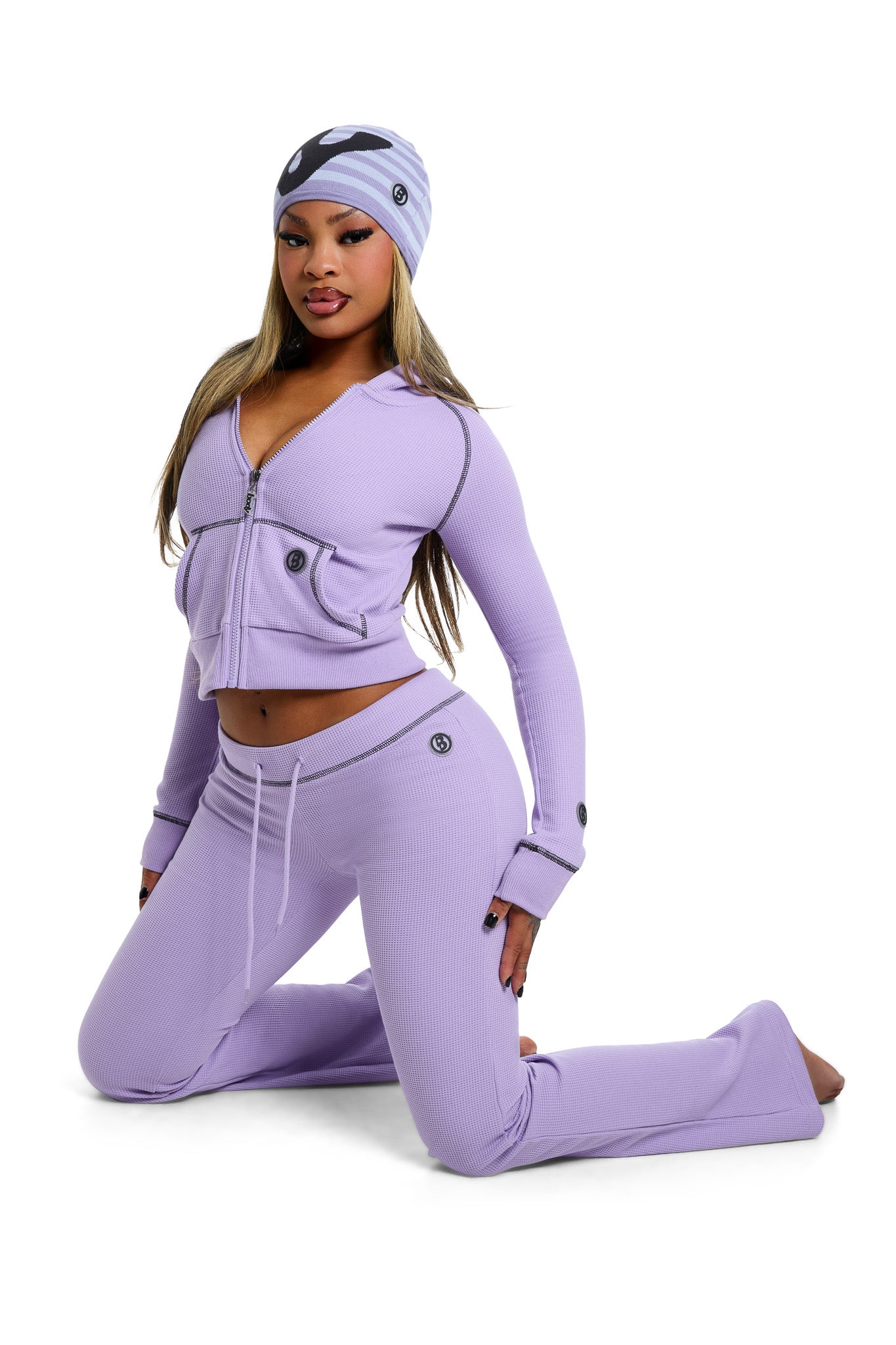 WAFFLE KNIT BOOT CUT PANTS (LAVENDER/BLACK)