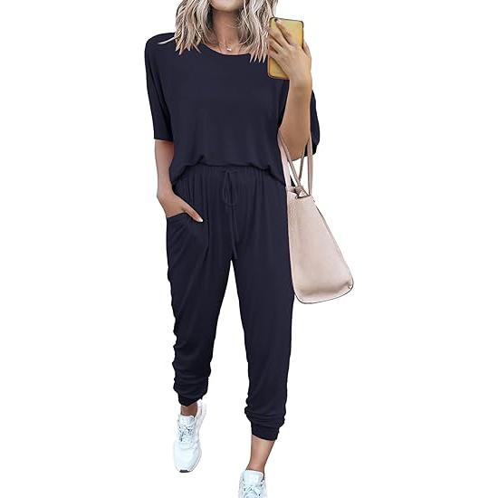 Women's 2-Piece Set Summer Outfits Crew Neck Short Sleeve Tracksuit Jogger Set With Drawstring and Pockets Comfy Lounge Wear