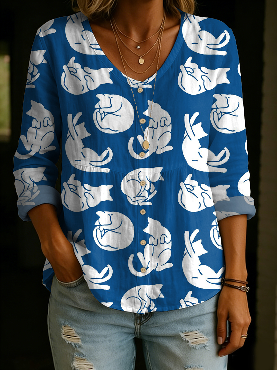 Women's Cute Cat Decorative Patterns Linen And Cotton Shirt