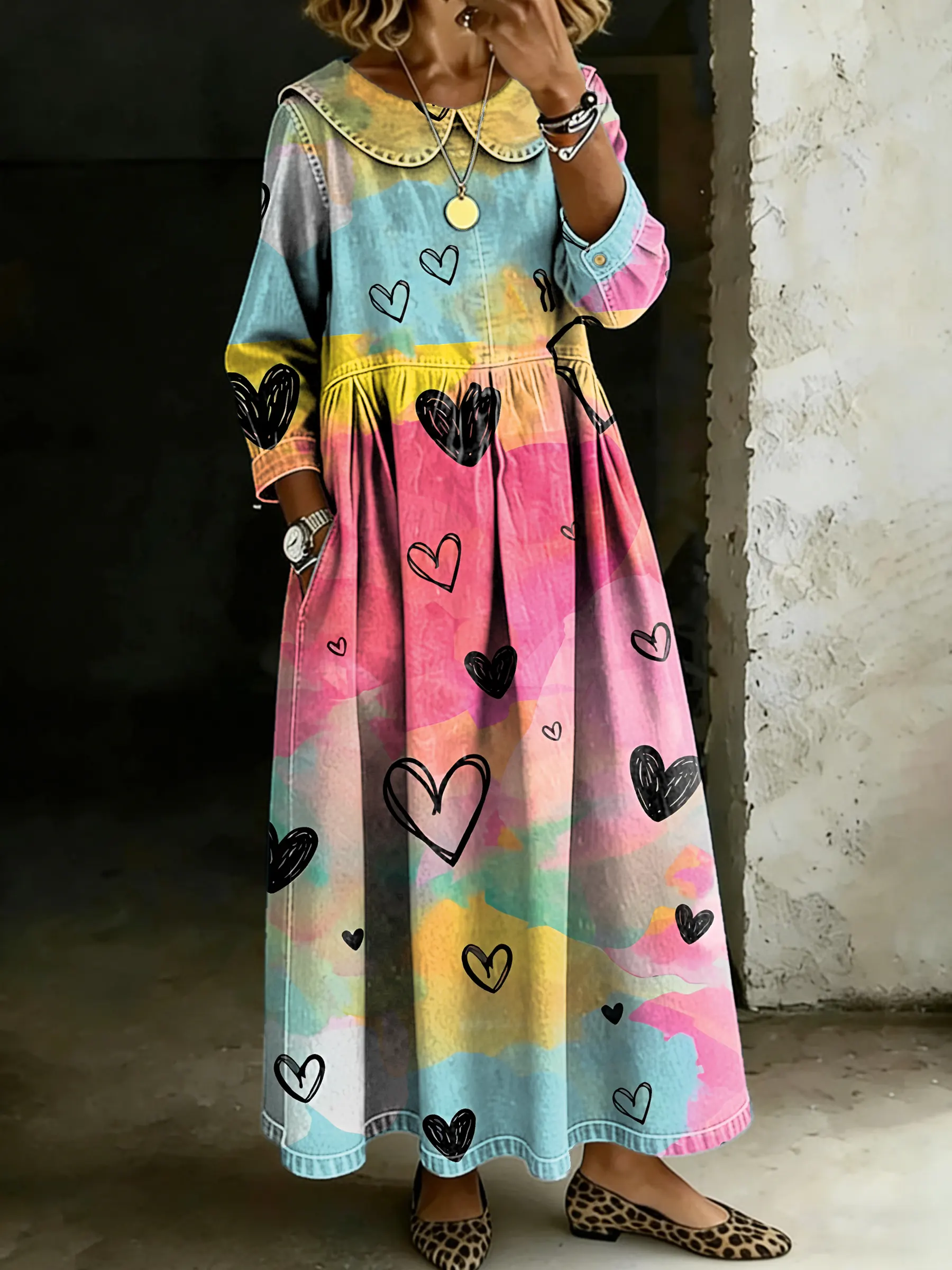 Women's Retro Multicolor Love Splicing Long-sleeved Loose-fitting Casual Denim Dress