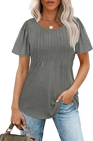 🔥Last day promotion🔥Womens T Shirts Short Sleeve Pleated Dressy Casual Scooped Neck Summer Tops Blouses