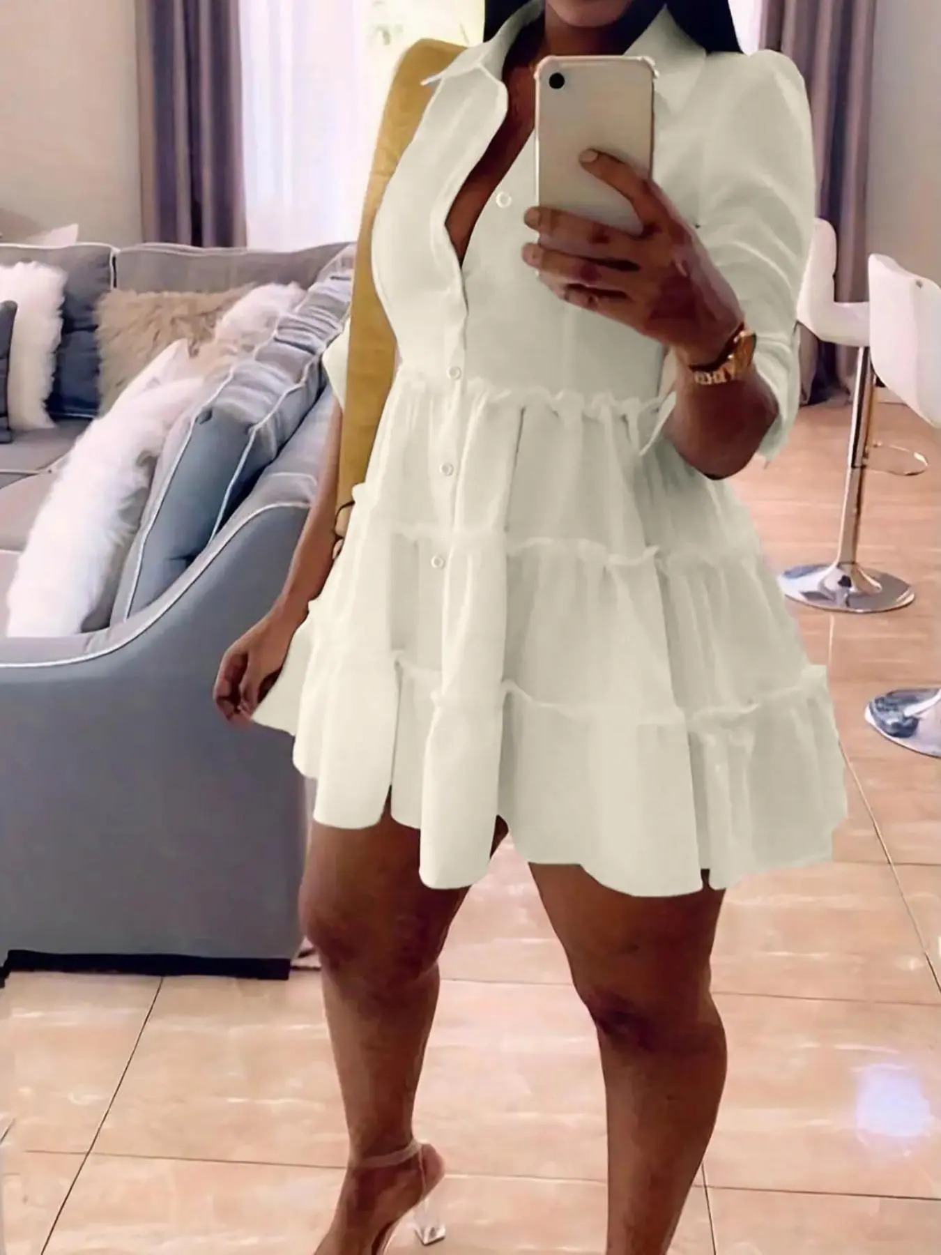 Elegant Frill Trim Button-Down Shirt Dress