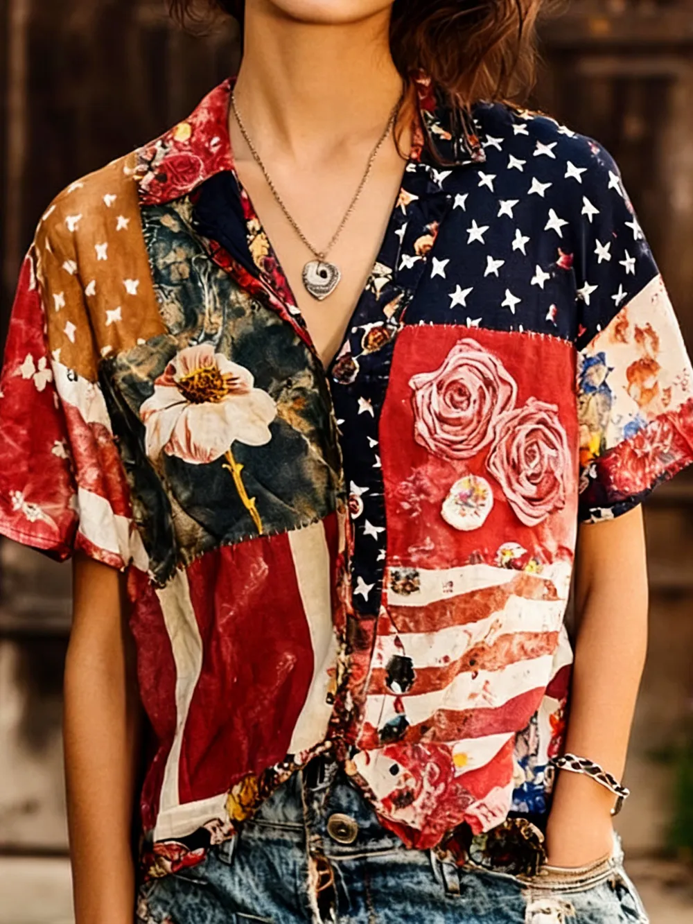 Shawl Collar Short Sleeve Independence Day (Flag) Lightweight Regular Fit Shirt For Women