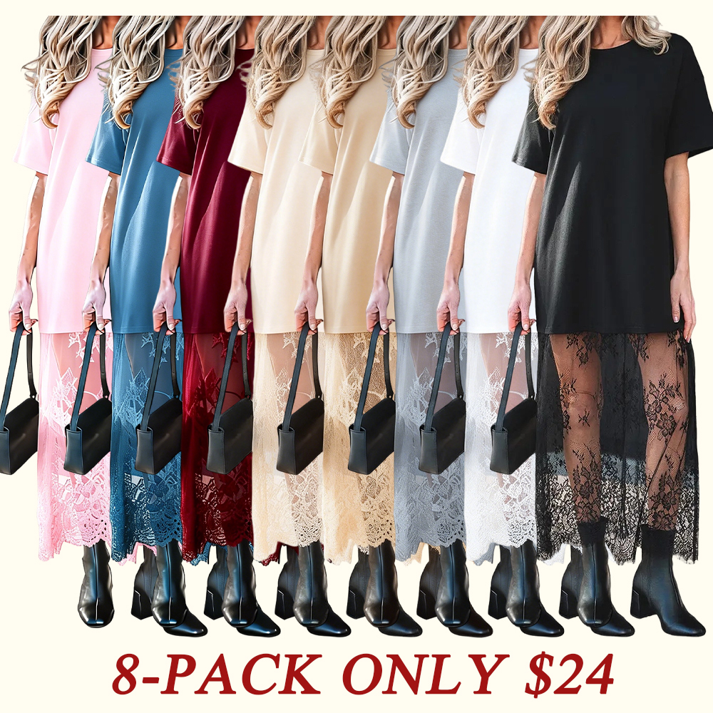 Women's Oversized T-Shirt Maxi Dress Sheer Lace Hem Drop Shoulder Short