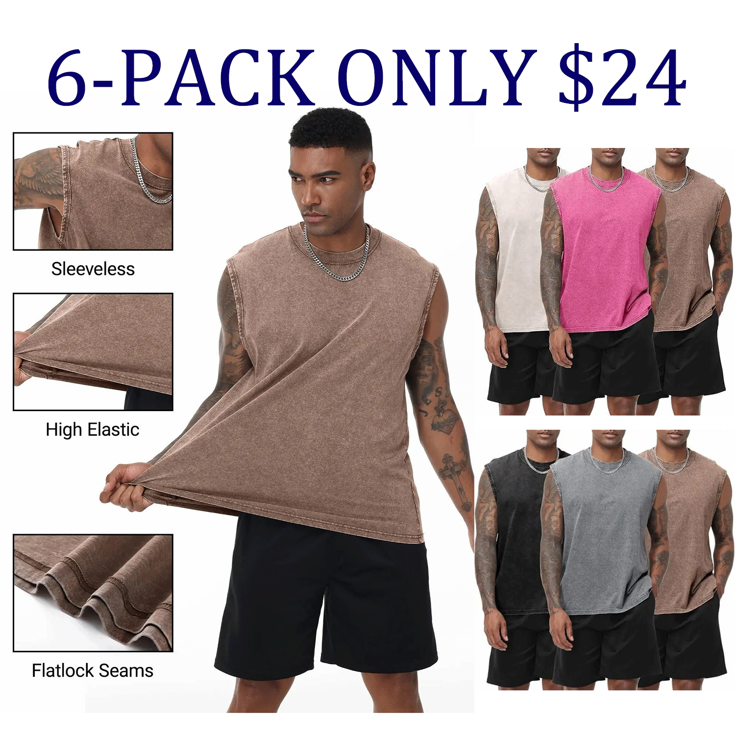 Men's Cotton Sleeveless Muscle Tank Tops Vintage Acid Wash Cutoff Loose Workout Tee Shirts