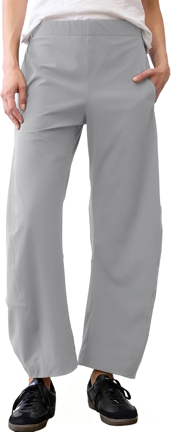 Women Barrel Travel Pants Elastic Waistband Tapered Leg Baggy Mid Rise Work Trousers Lounge Pant with Pockets