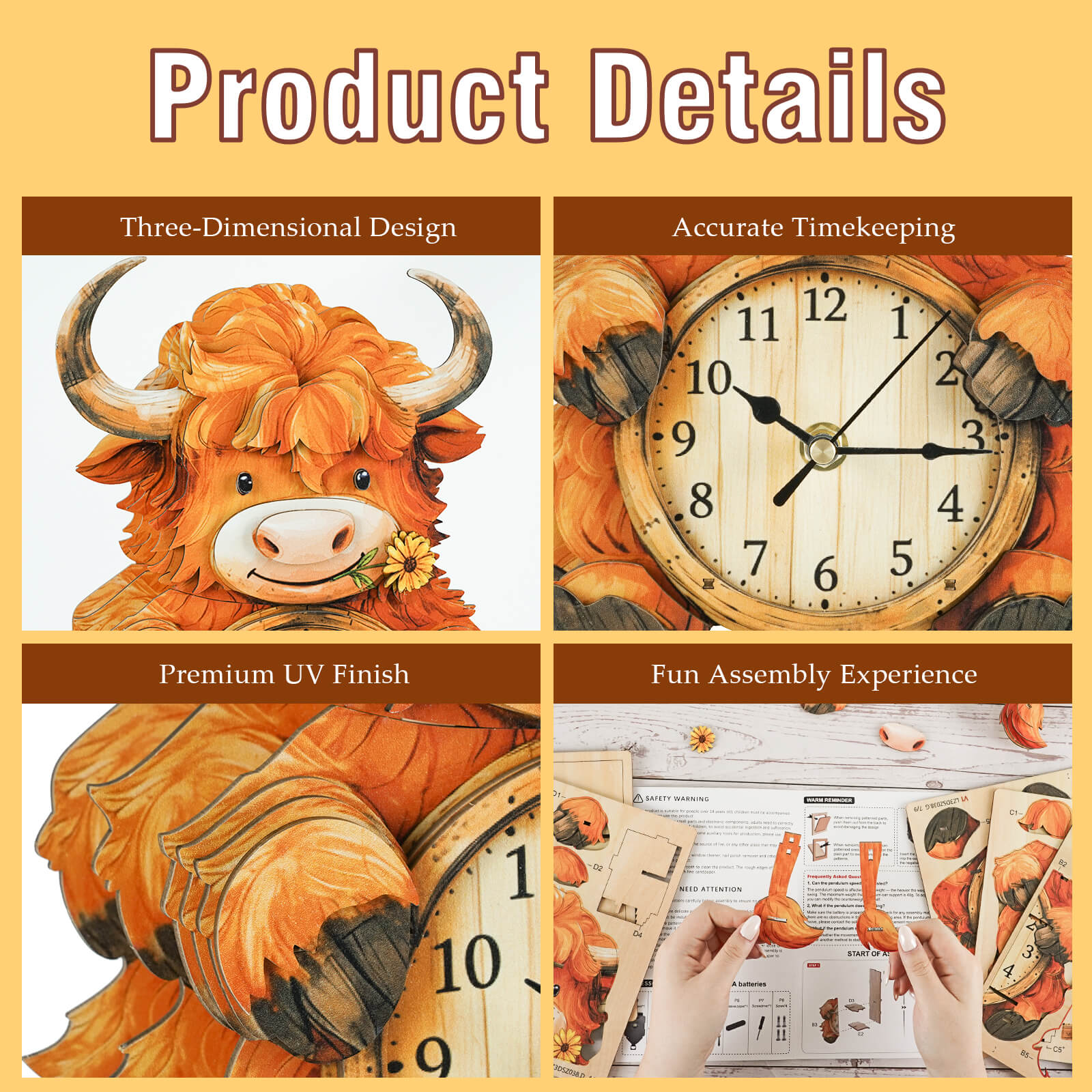 Highland Cattle – DIY Wooden Clock, 3D Puzzle Craft Kit