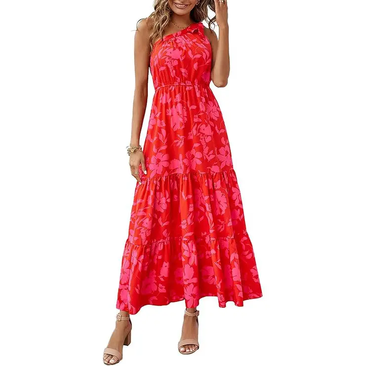 PrettyGarden Boho Chic Floral Maxi Dress - One Shoulder, Ruffle, Sleeveless, Flowing Summer Beach Wedding Guest Dress- Womenswear