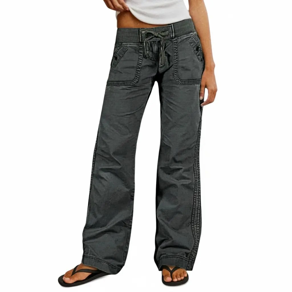 Women's Solid Seam Detail Drawstring Mid Rise Straight Leg Pants High Stretch Fabric