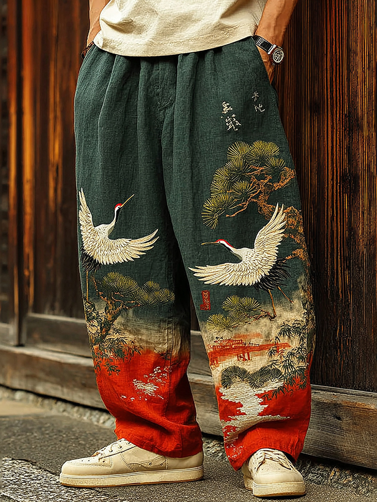 Men's Japanese Songhe Art Embroidery Art Linen Blended Casual Pants