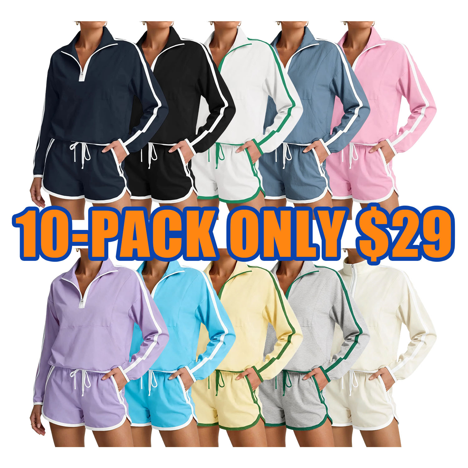 Womens 2 Piece Outfits Sets Half Zip V Neck Long Sleeve Pullover Tops Shorts Casual Tennis Running Tracksuits