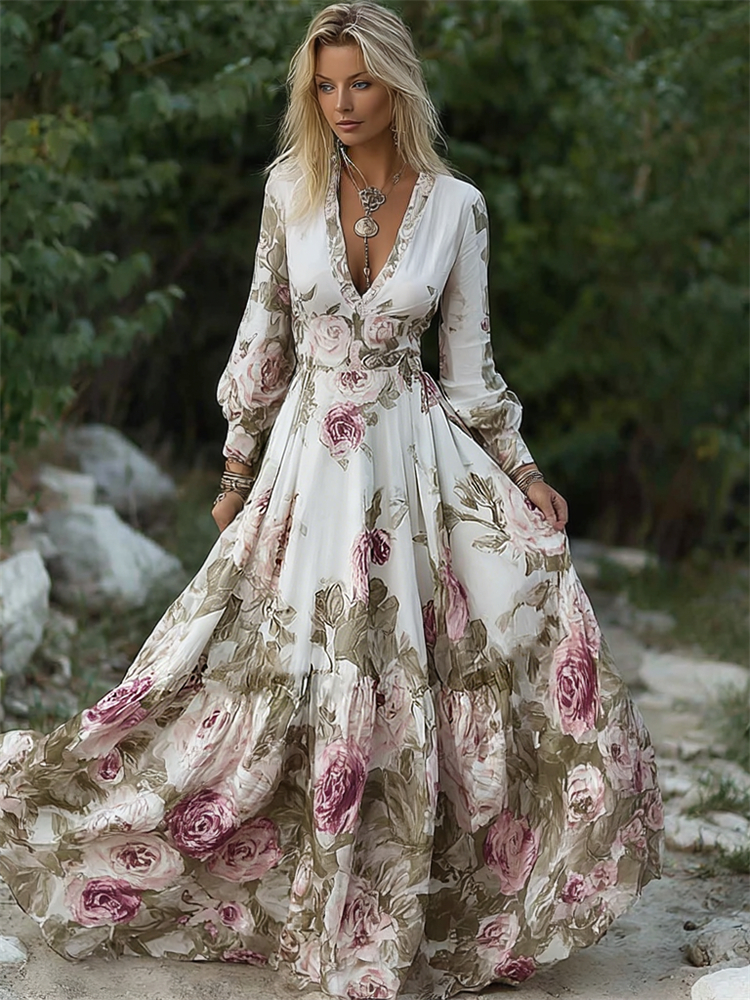 Classy Vintage Roses Print V Neck Flowy Maxi Dress