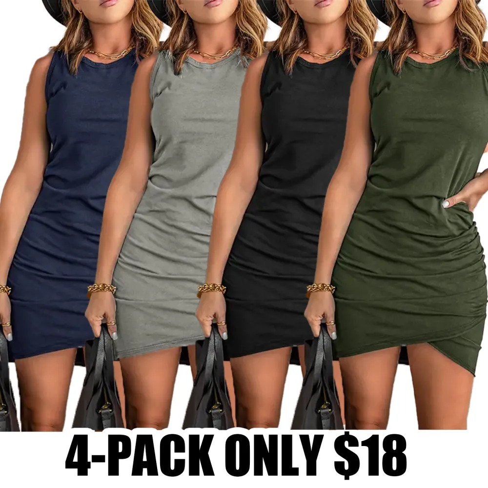 Women's Ruched Wrap Tank Sundress – Sleeveless Bodycon Summer Dress with Elastic Fit for Daily Casual Wear