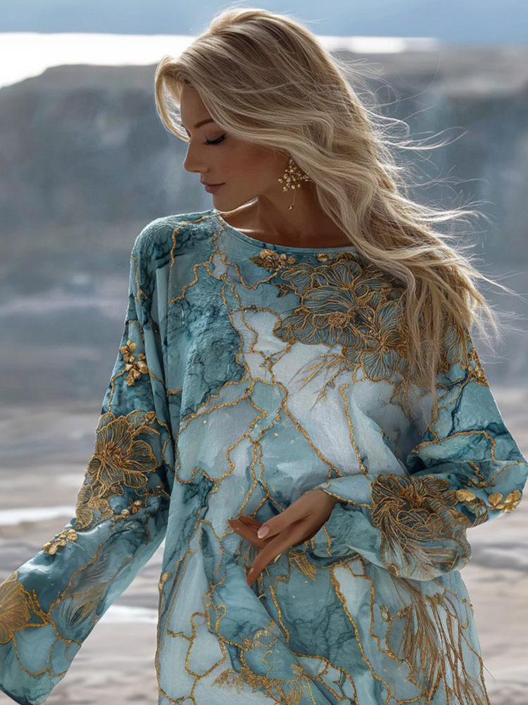 Vintage Gradient Marble Texture Flower Pattern Art Linen Shirts