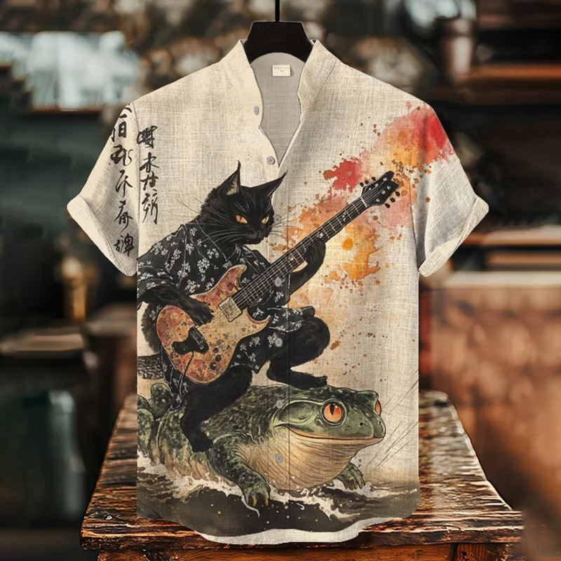 Men's Black Cat Riding On Toad Playing Guitar Print Short Sleeve Shirt