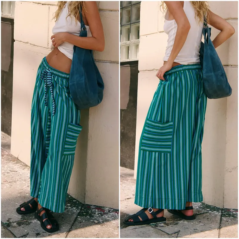 Women Drawstring Striped Pants Loose Wide Leg Lounge Pants Casual Palazzo Pants Trousers with Pockets Bottom Oversize