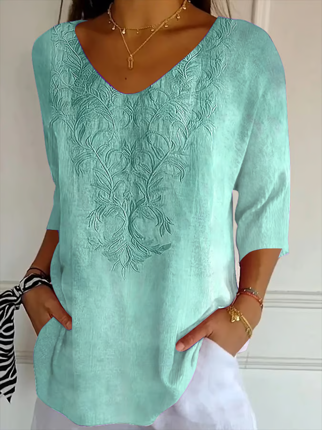 Women Casual Floral V neck Printing Daily Loose Three Quarter Sleeve T-shirts