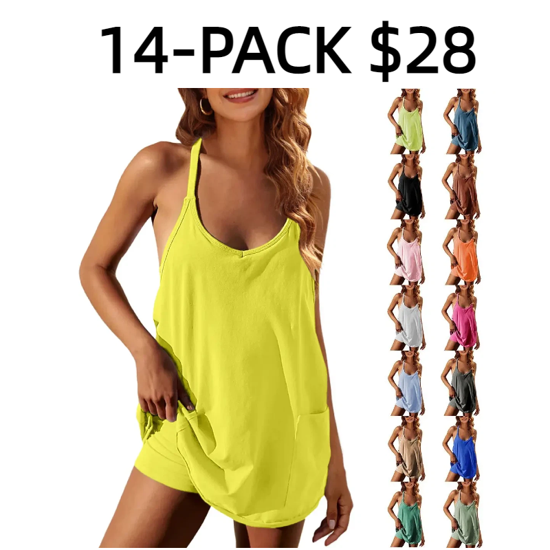 Women's Summer Sleeveless Mini Dress with Built-in Shorts V Neck Spaghetti Straps Athletic Shorts Tennis Dress with Pockets