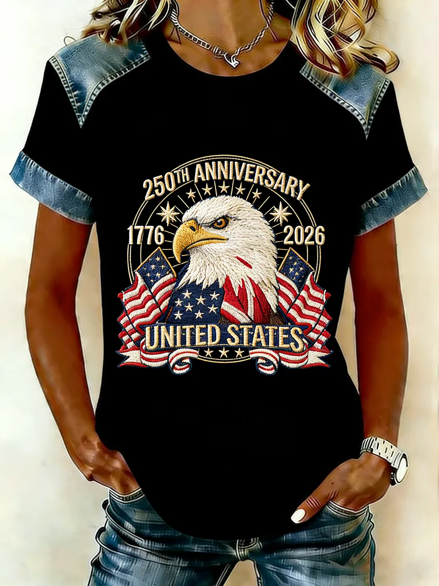 250th Anniversary United States Eagle Flag Embroidered Denim Raglan T-Shirt