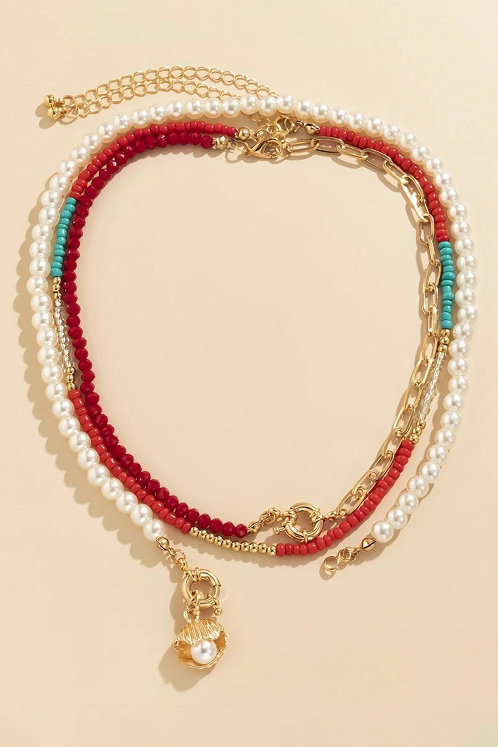 Fiery Red Shell Pendant Pearl Beaded Adjustable Layered Necklace