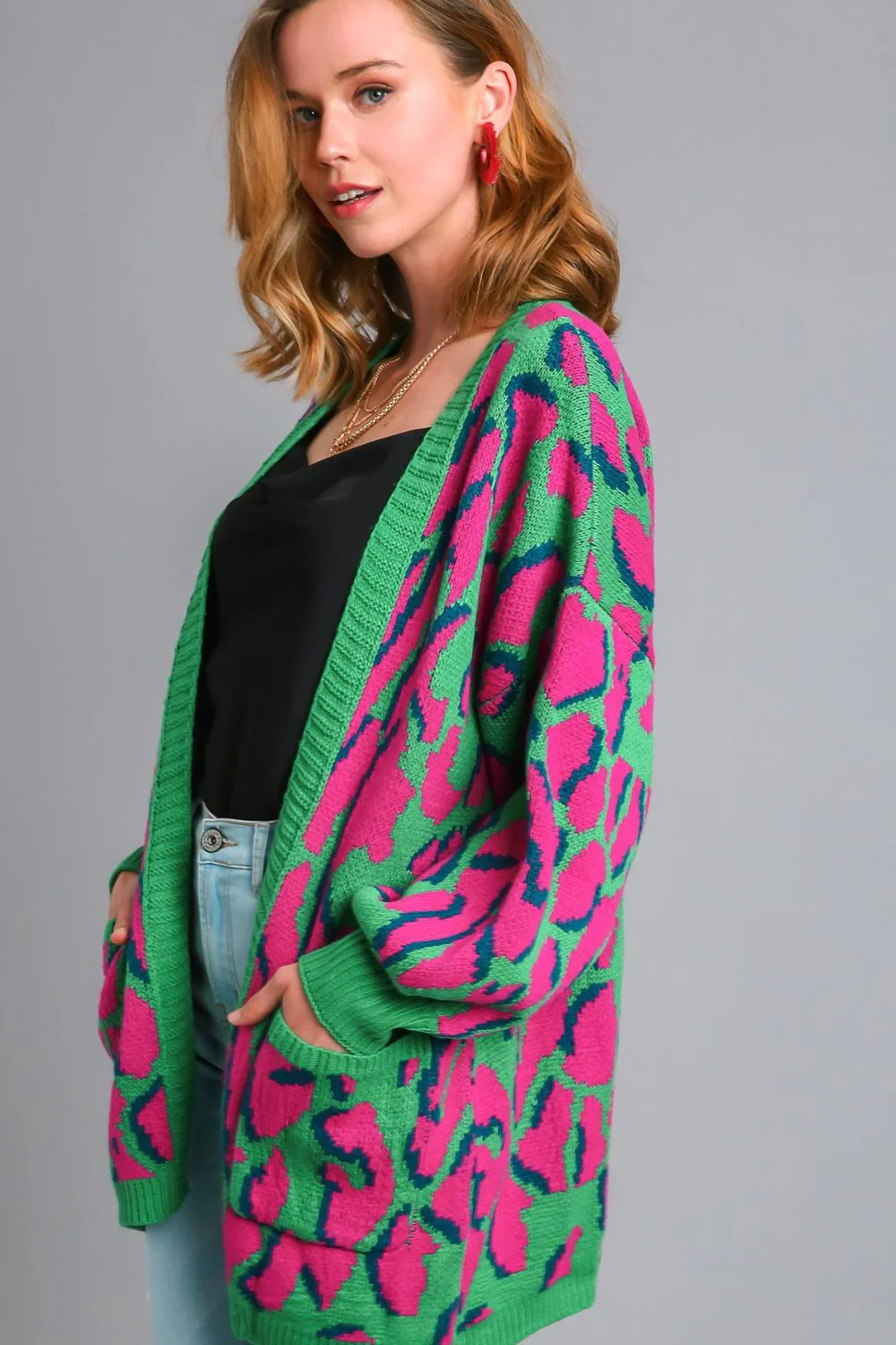 Animal Print Open Front Cardigan with Side Pockets Plus Size