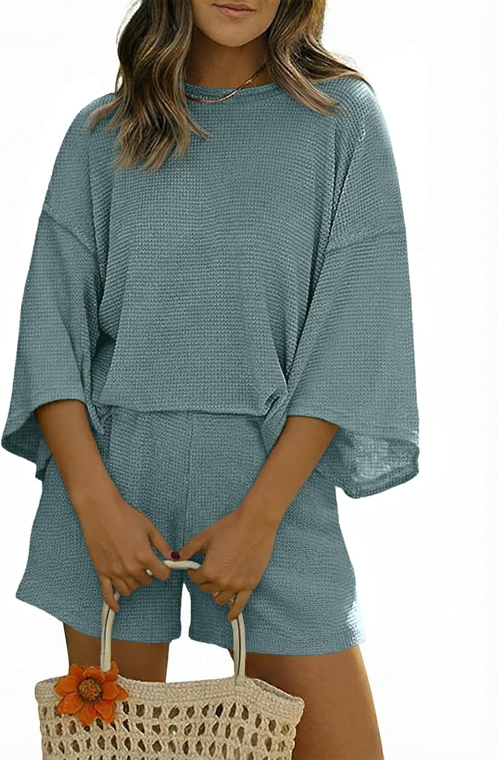 Womens Short Sets 2 Piece Outfits 3/4 Sleeve Tops and Elastic Waist Shorts Lounge Set Casual Loungewear